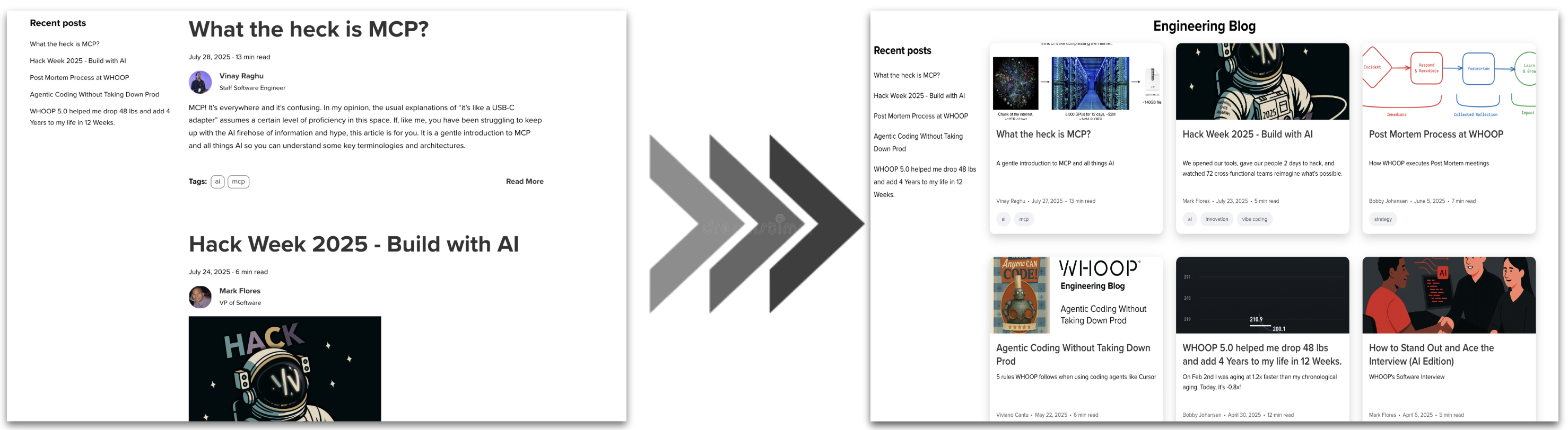 Blog transformation showing before and after redesign