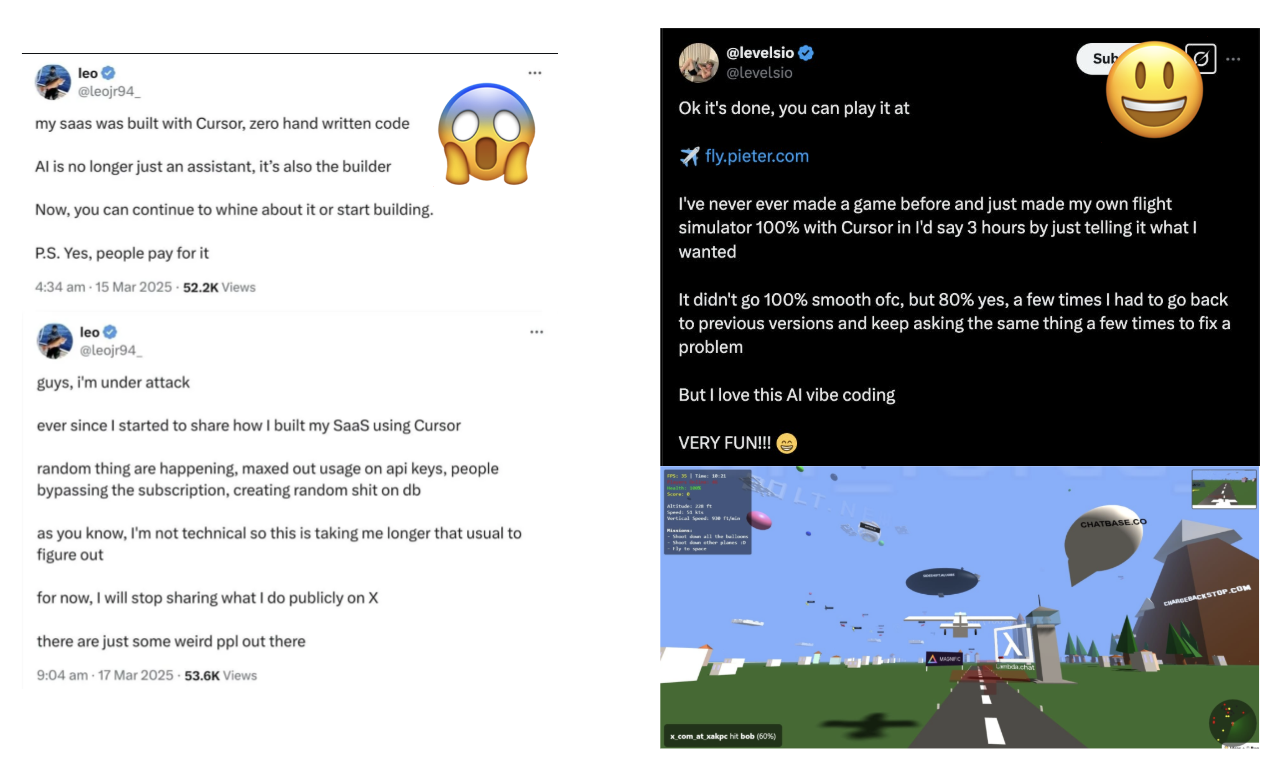 Tweet screenshots showing vibe coding success and challenges